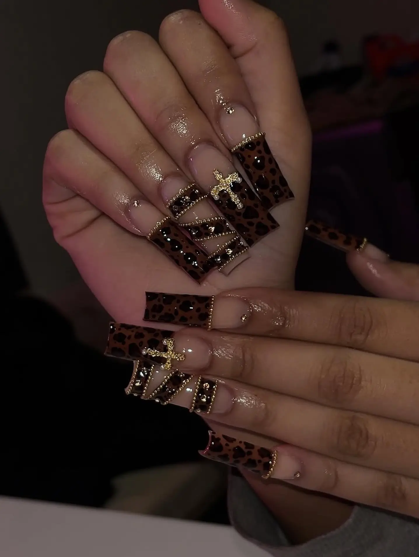 Leopard Print Press On Nails | Gold Cross, Rhinestone & Chain Nail Art | Gothic Glam Nail Set
