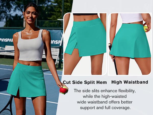 PINSPARK Womens Tennis Skirts High Waisted Golf Skorts with 2 Pockets Side Slit Athletic Skirt for Workout Pickleball Sports