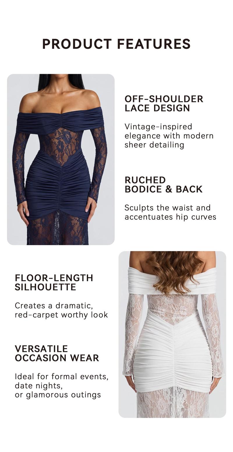 OQQfitness Women's Maxi Party Dress, Off Shoulder Elegant Ruched Bodycon Solid Color Evening Party Gown LongSleeve, Lace Formal Formal Wear