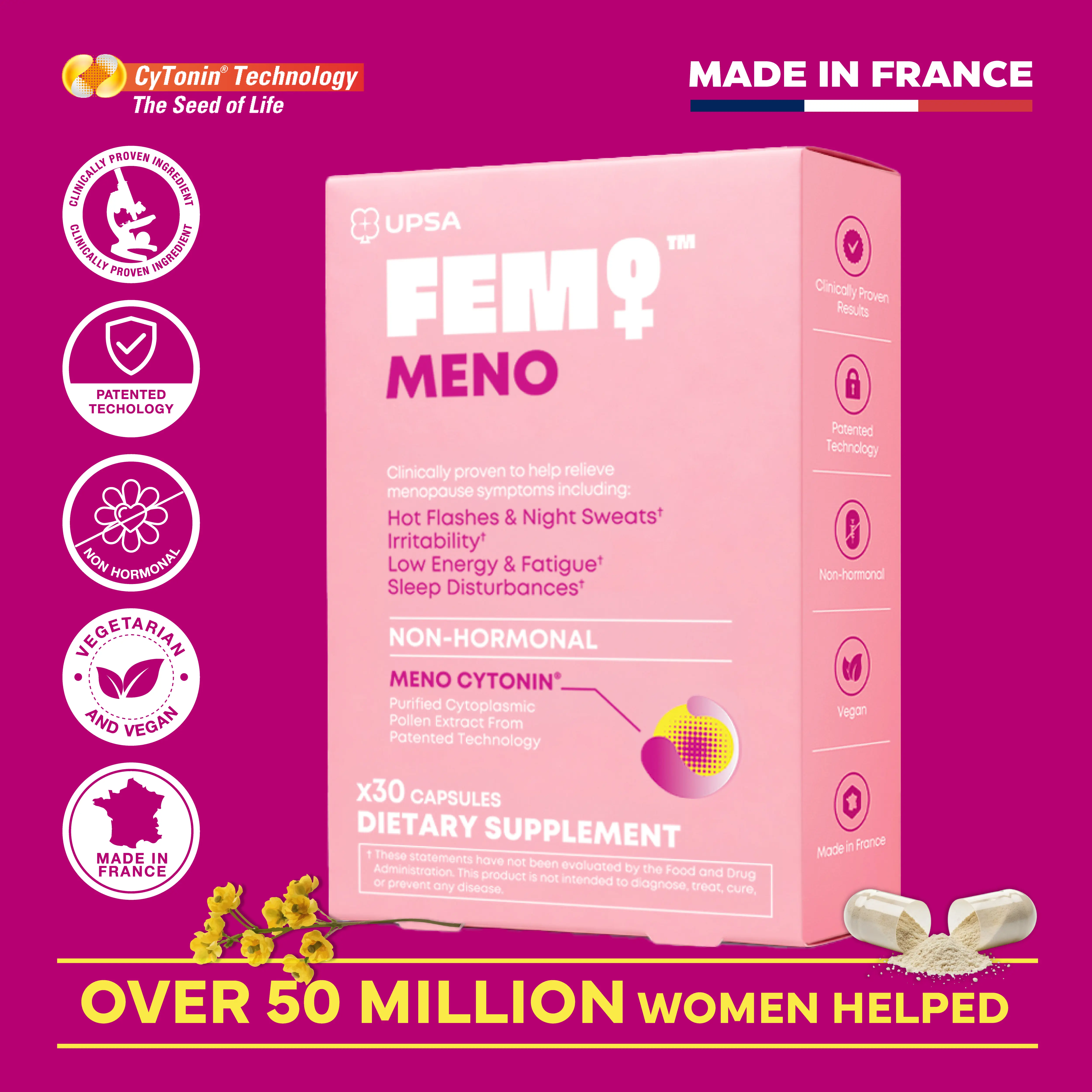 UPSA FEM MENO Women's Non-Hormonal Menopause Support Dietary Vitamin Supplement - Clinically Validated Pollen Extract, Patented Technology, Vegan Herbs, Self Care Products for Hot Flashes, Night Sweats
