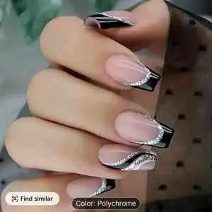 24pcs Glossy Medium Ballerina Fake Nails with Black and Slivery Glitter Swirl Design for Women and Girls - Nail Art, Nail Care
