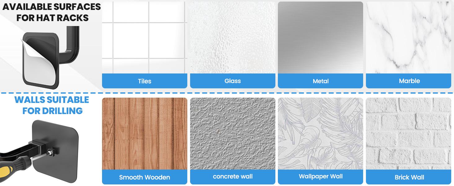 Hat Rack for Wall 4PCS - Self-Adhesive & Drilling Options, 30LB Capacity, Space-Saving Hat Organizer for Baseball Caps & Accessories, 2 Mounting Options Hat Hooks for Wall Closet Door Bedroom