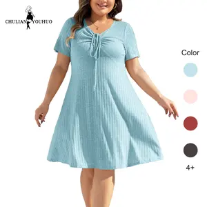 Chulianyouhuo 2026 New Arrival Plus Size Women's Dress Vertical Knit Texture Short Sleeves High-waisted A-line Mid Skirt Soft Comfortable Elegant Mid-length Dress Casual Summer Light Fabric