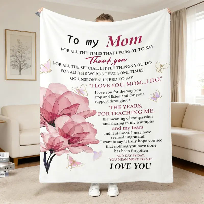 2026 Mother's Day Cozy Chic Soft Comfy Flannel Blanket for Mom - Gentle-on-Skin Throw with Heart Message, Multi-Size (40x50in Small for Kids, 50x60in Curlup, 60x80in Fullbody) Plush Finish, Sentimental Keepsake Mom Gift from Daughter/Son for Bedroom Sofa,