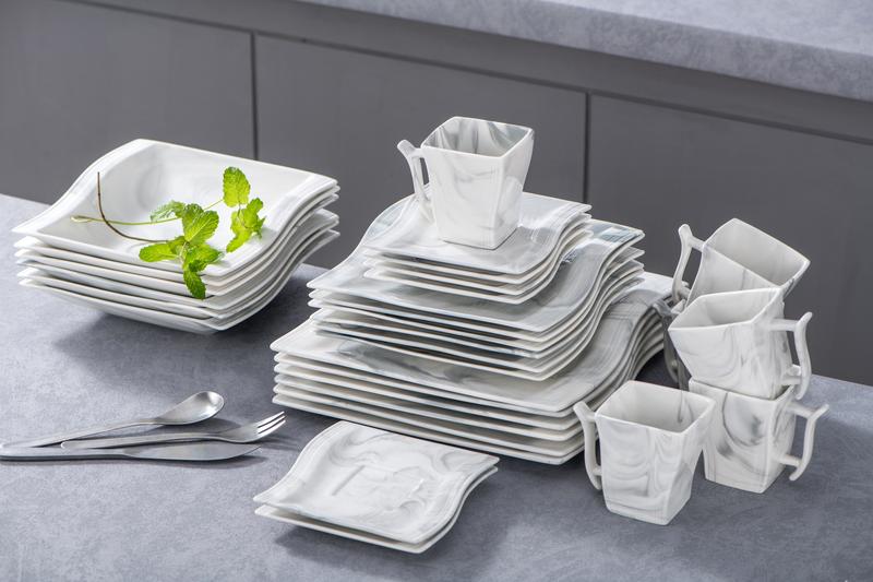 MALACASA Porcelain Dinnerware Set, Unique Wave-like Design Dinner Set, Modern Tableware Sets for 6, Series FLORA Winter Holiday