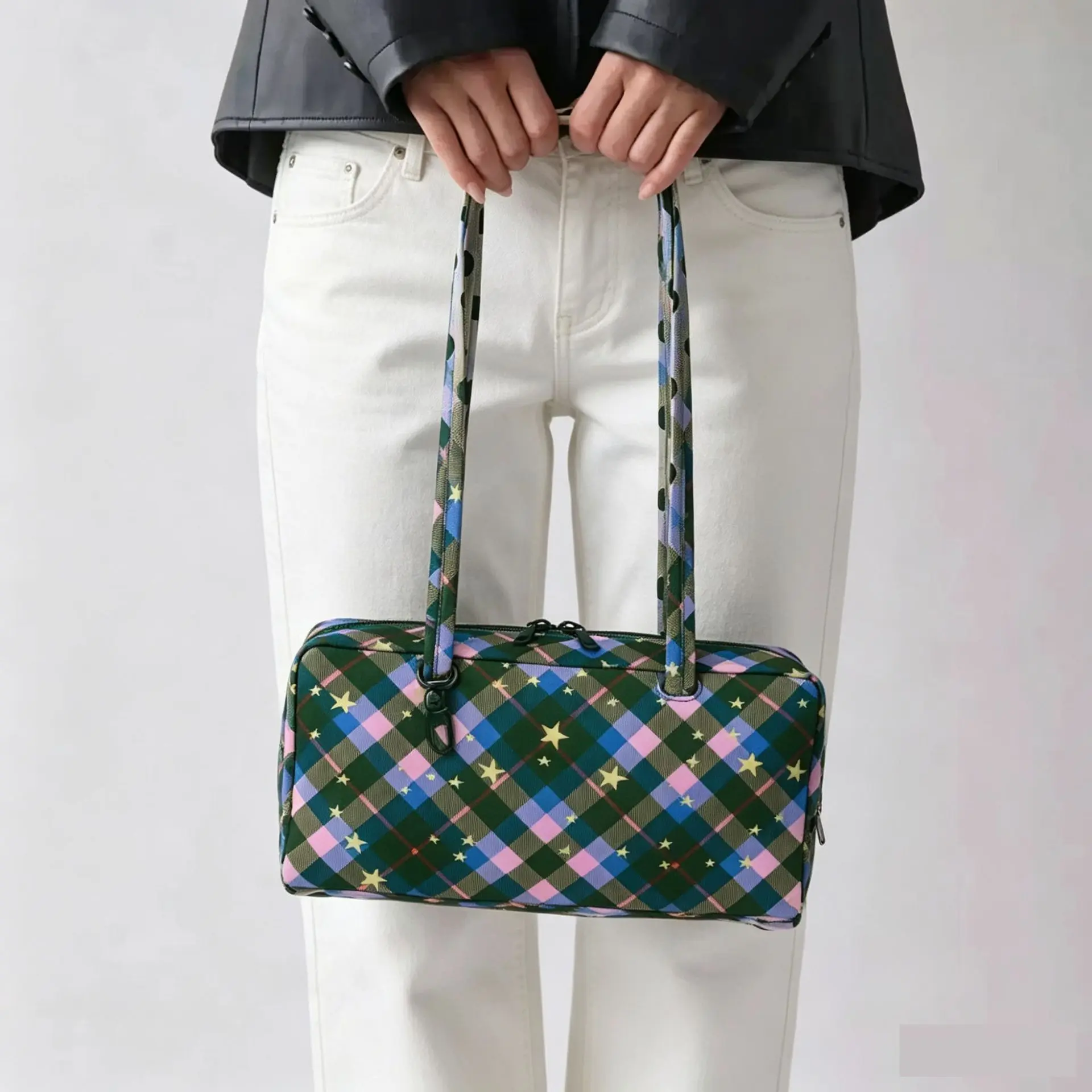Nylon Bowler Bag,Top Handle Tote Bag with Key Leash,Casual Large Commuter Work Bag,Fashionable Shoulder Handbag for Everyday Use