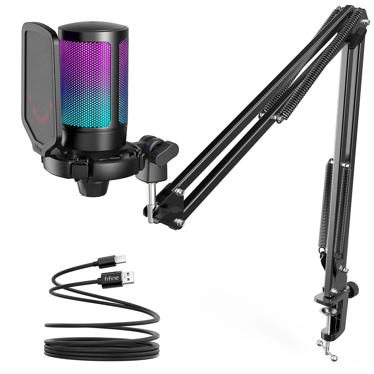 Fifine A6T USB Gaming Condenser Microphone Kit with RGB Lights, Boom Arm, Pop Filter, Mute Button - Audio Accessory for PC, PS4/5, Windows, Content Creators, Gaming Setup Accessories