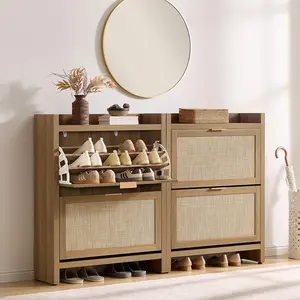 SICOTAS Rattan Shoe Storage Cabinet with 2 Flip Drawer - 11.6" Deep Freestanding Shoe Organizer with 6 Shelves for 20 Pair Shoes, Boho Large Shoe Rack Cabinet for Entryway Hallway Foyer