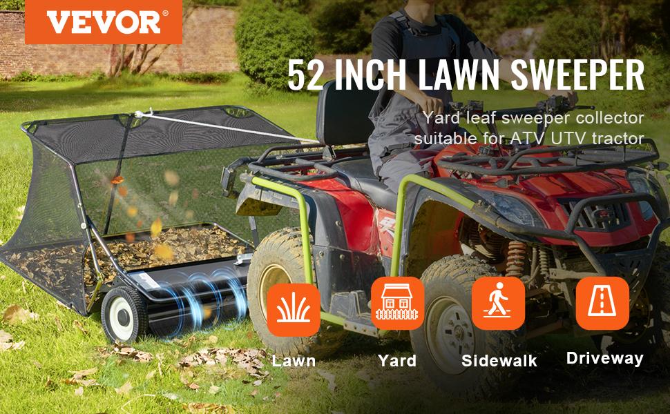 VEVOR Lawn Sweeper Tow Behind,  Max. 52 Inch 26 cu.ft. Large Pull Behind Grass Sweeper, Heavy Duty Leaf & Grass Collector with Dumping Rope Design, Adjustable Sweeping Height for Picking Up Debris & Grass