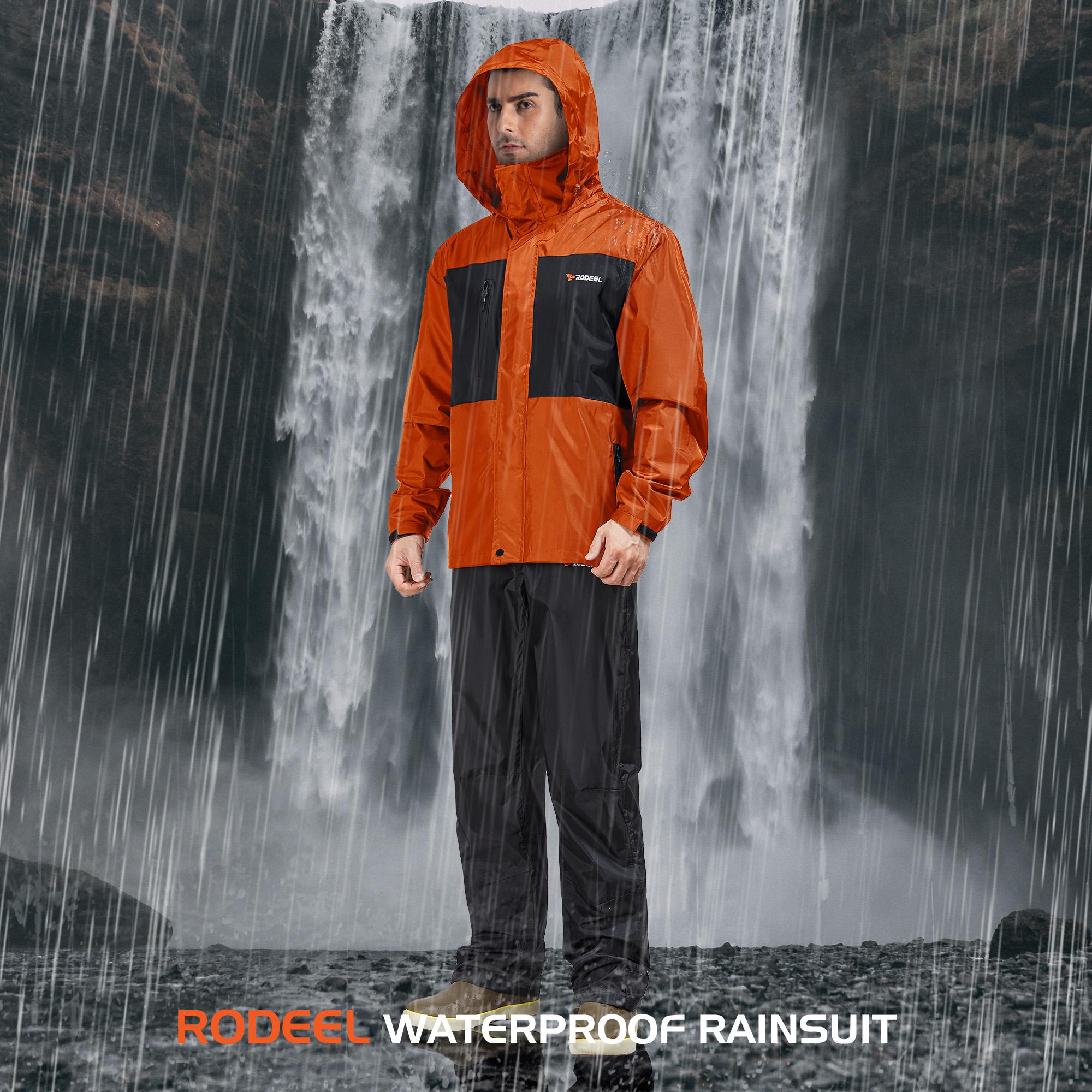 RODEEL 702 Waterproof Jacket and Pants Set Men Rainproof Lightweight Breathable Full Zip Hooded Rain Coat Durable Rain Suit Weatherproof Rainwear Windbreaker For Outdoor Hiking Camping Fishing Boating Construction Landscaping, Holiday Gift