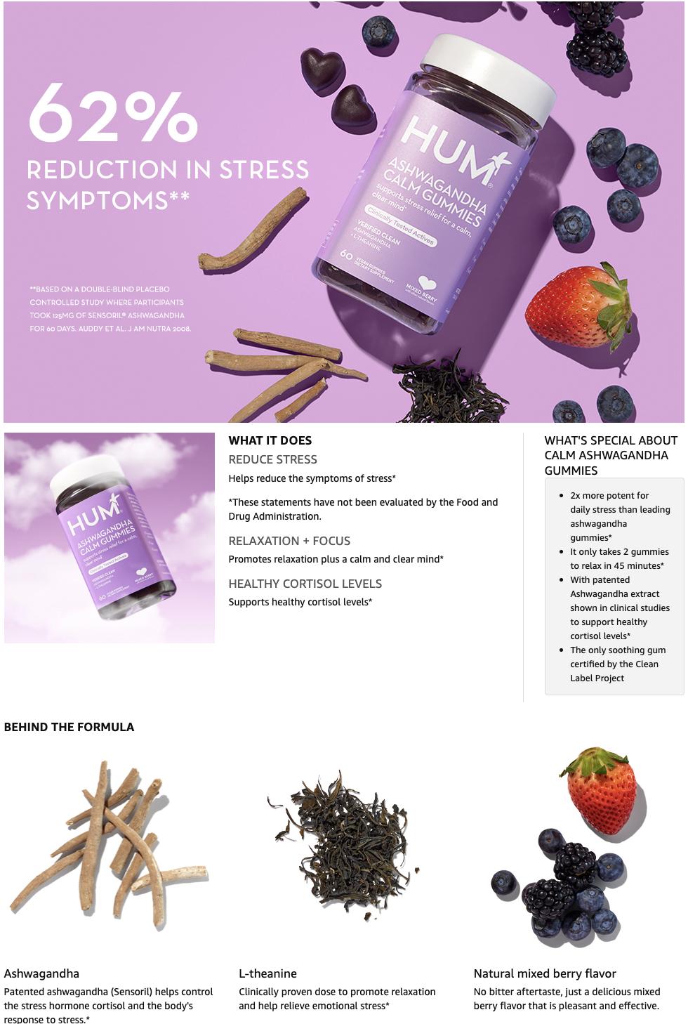 HUM Ashwagandha Calm - L-Theanine and Ashwagandha for Daily Relaxation and Mood Support, Mixed Berry Flavor (60 Count)