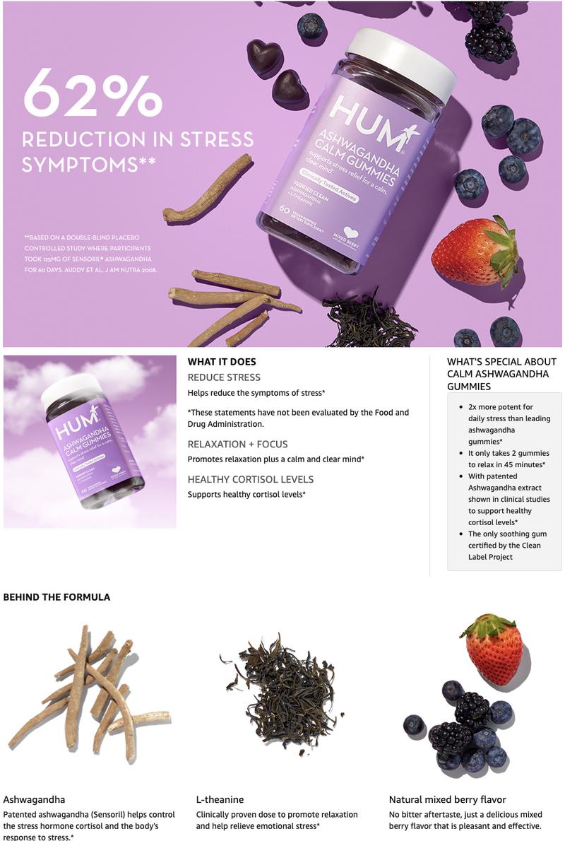 HUM Ashwagandha Calm - L-Theanine and Ashwagandha for Daily Relaxation and Mood Support, Mixed Berry Flavor (60 Count)