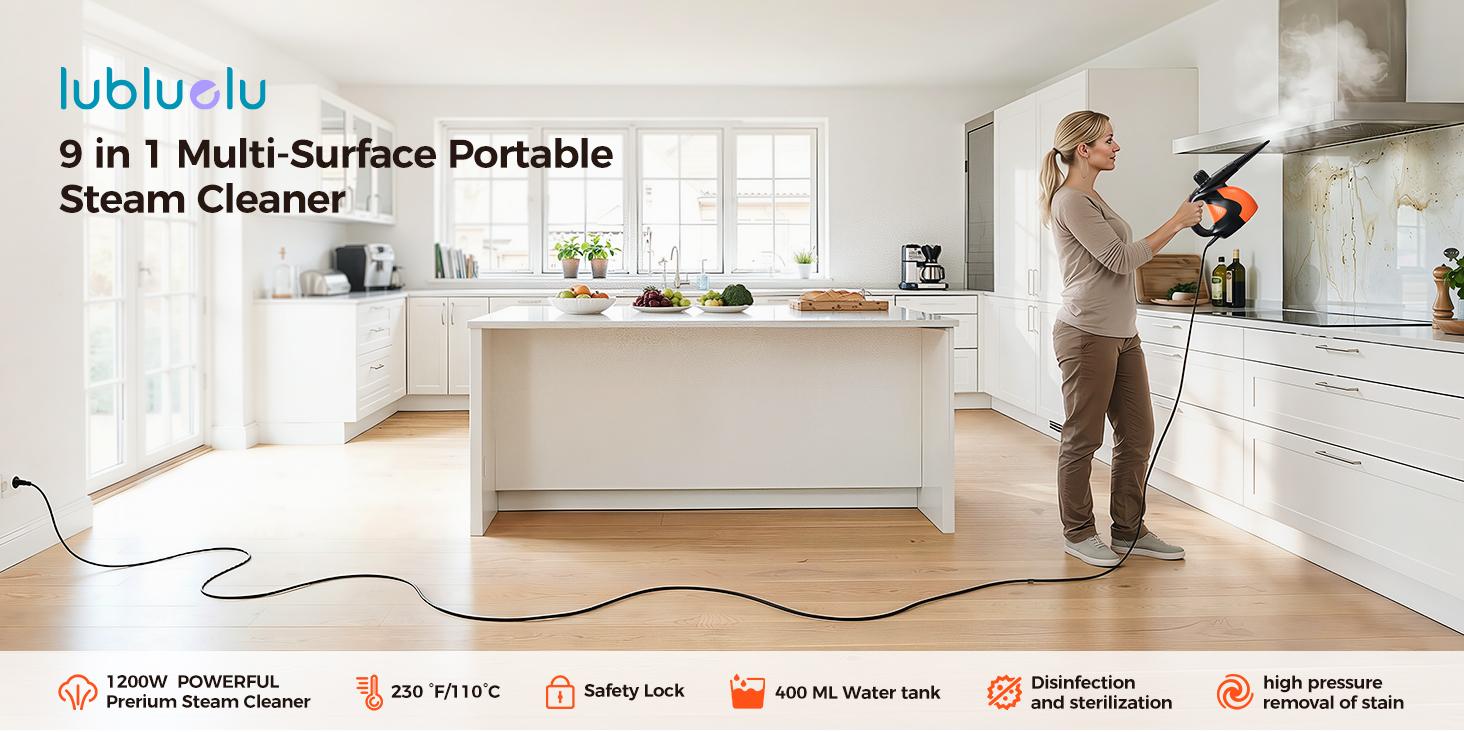 Pressurized Handheld Multi-Surface Natural Steam Cleaner with 9 pcs Accessories Powerful Chemical-Free Steamer for Home Car Cleaning Washing Machine Air Conditioner Kitchen Appliances Tool Household