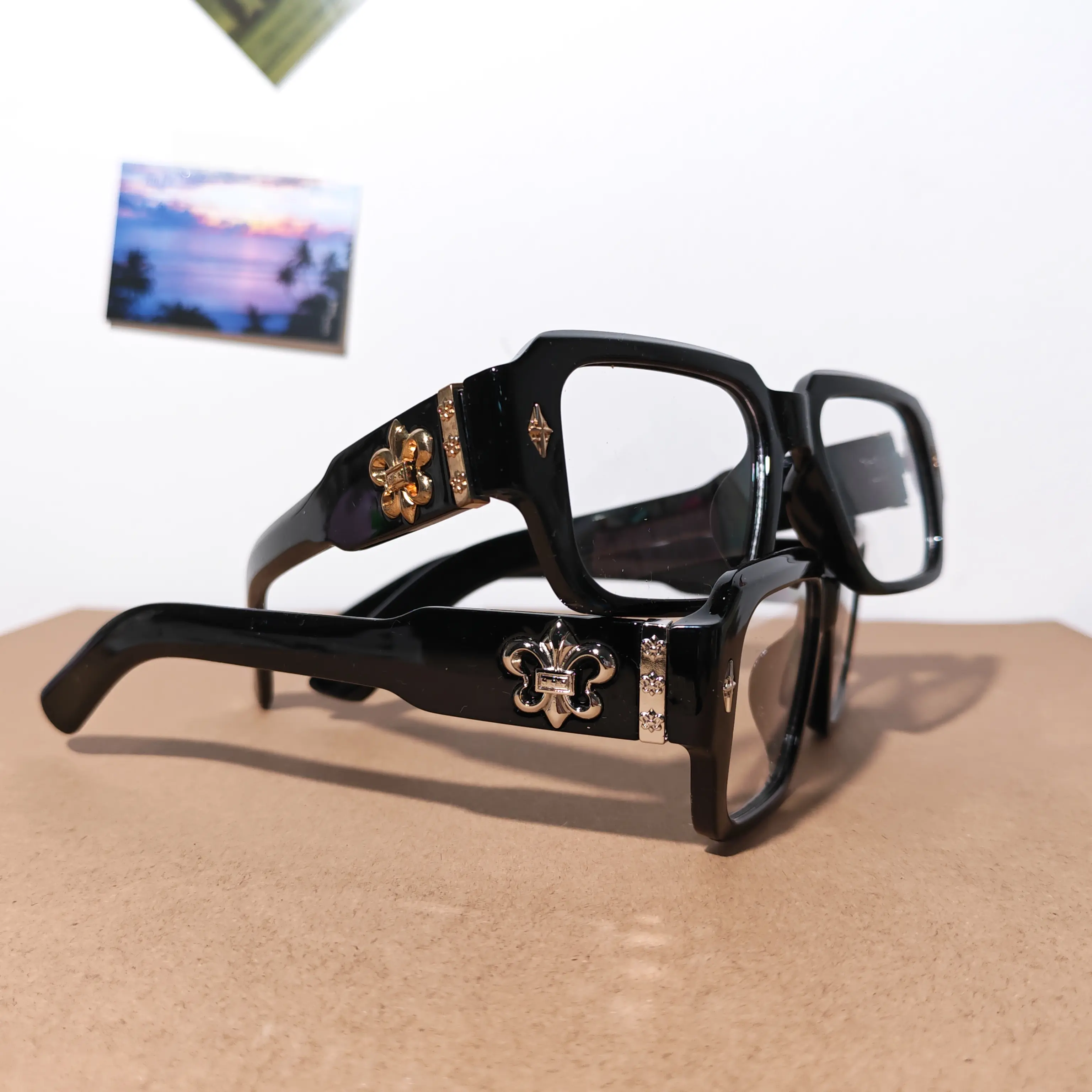 Vintage Oversized Square Blue Light Glasses, Bold Black Thick Frame Clear Lens Eyewear with Gold Accent, Trendy Unisex Computer Glasses