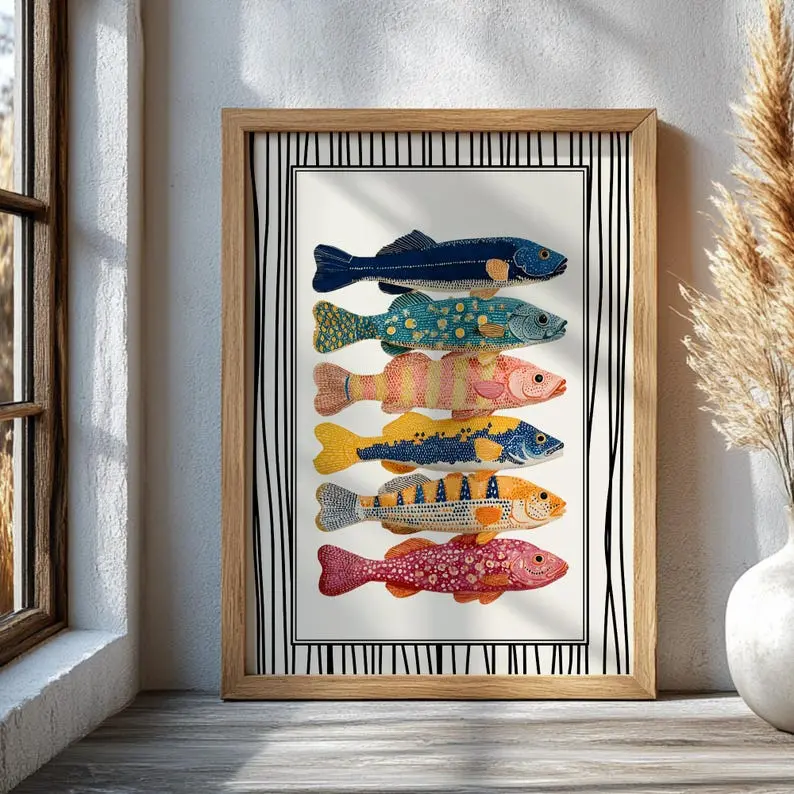 Colorful Thin-Striped Fish Print Poster - Aesthetic Retro Coastal Nautical Art, Vibrant Seafood Illustration, Funky Unique Home Decor for College Dorm & Room Wall Accents, Canada Day, Room Wall Decor