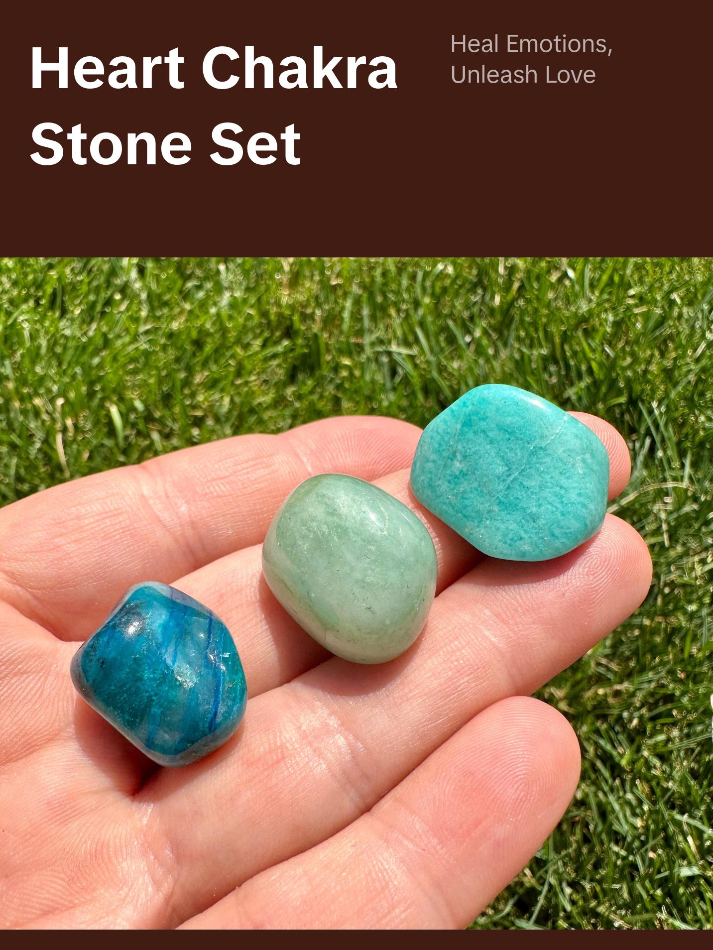 Heart Chakra Stone Set (Tumbled) - Chrysocolla, Amazonite, Green Aventurine - Emotional Healing  and Calming Set