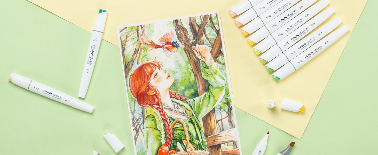 Ohuhu Alcohol Markers: Fine & Slim Broad Chisel Dual Tips - 108 Basic Colors - Alcohol-based Refillable Art Markers for Artist Adult Coloring Book Illustration Drawing Manga 108 Set - Kaala Series of Ohuhuart