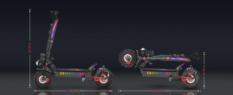 [Jun Ling] Off-Road Electric Scooter - High-performance 10000W dual motors, top speed 55 mph, 13-inch off-road tires, 75-mile range, 60V 40Ah battery, four-piston brakes - UL2272 certified.