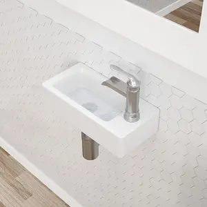 Dcolora 14.5"x7" Small Wall-Mounted Bathroom Sink – White Ceramic Porcelain Floating Sink, Space-Saving Rectangular Design, Right-Hand Installation for Small Bathrooms