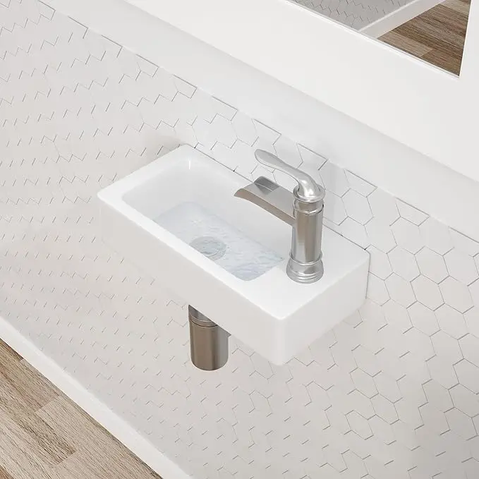 Dcolora 14.5"x7" Small Wall-Mounted Bathroom Sink White Ceramic Porcelain Floating Sink Space-Saving Rectangular Design Right-Hand Installation for Small Bathrooms Modern