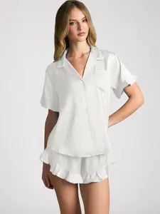 Azazie Ruffled Short Sleeve Button-Up Matching Satin Pajama Set