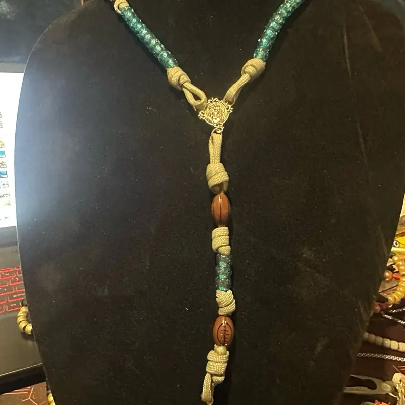 Handmade paracord 5 decade rosary blessed “The cowboys theme ” grey, with blue and football beads