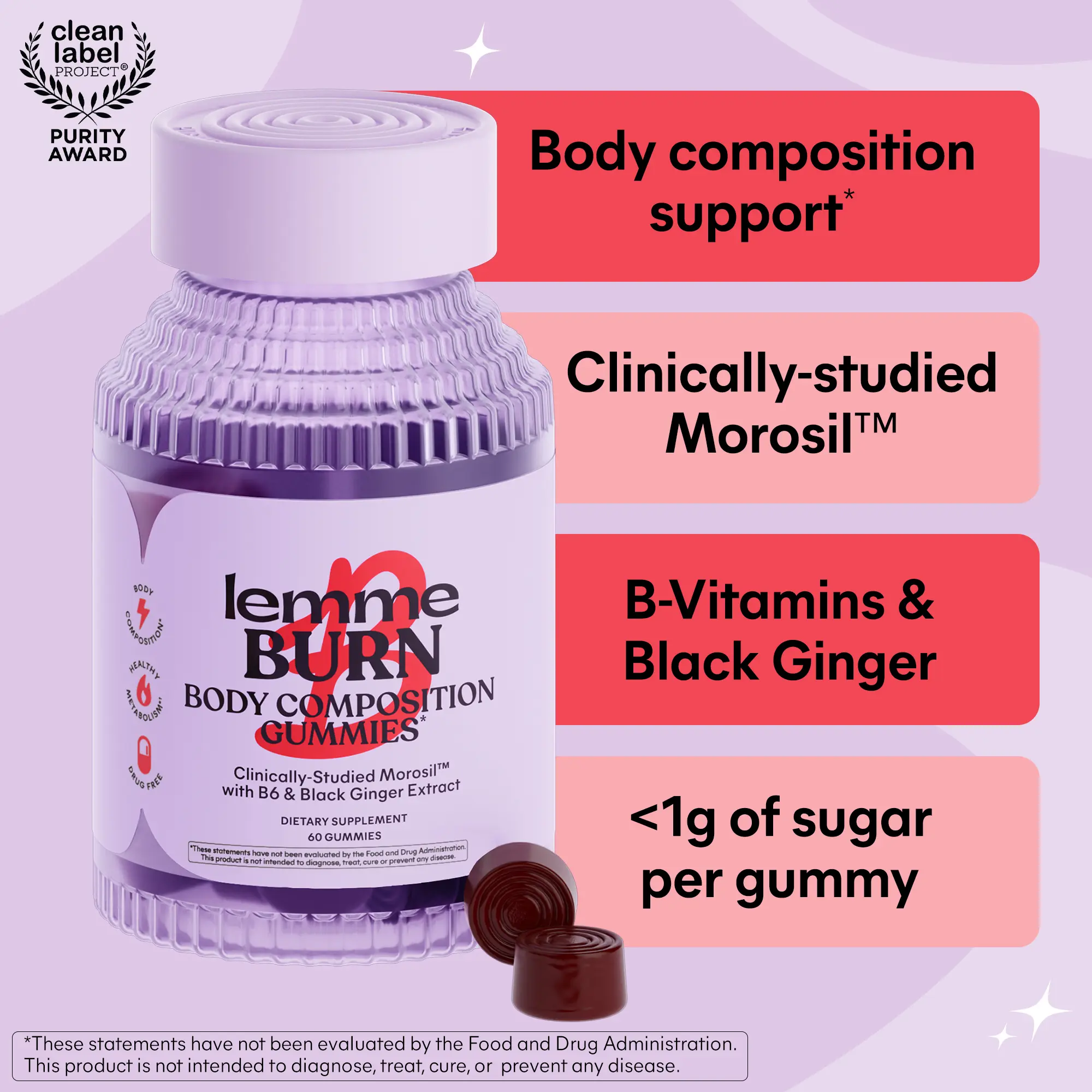 Lemme Burn Composition Support Gummies - Clinically-studied Morosil, B-Vitamins & Black Ginger