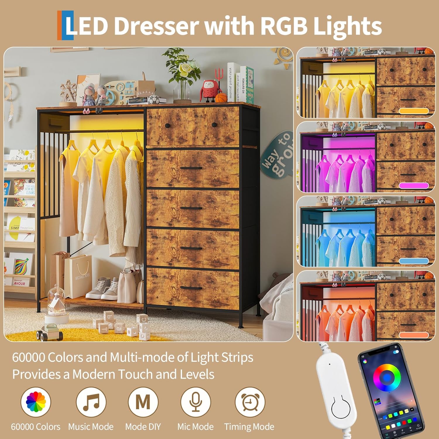 49.2" w Dresser with Hanging Rack & LED Lights, 6-Drawer Closet Organizer with Charging Station, Tall Storage Tower for Bedroom, Reversible Wood Top Chest, Sturdy Frame 49.2" w Dresser with Hanging Rack & LED Lights, 6-Drawer Closet Organizer with Charging Station, Tall Storage Tower for Bedroom, Reversible Wood Top Chest, Sturdy Frame