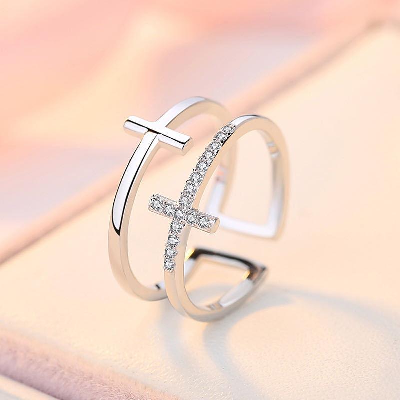 Double Cross Inlaid Zircon Ring, Adjustable Opening