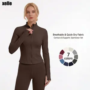 xelle Women's Full Zip Running Top - Slim Fit Stand Collar Workout Shirt with Thumbholes, Long Sleeve Yoga Track Jacket for Gym & Athletic