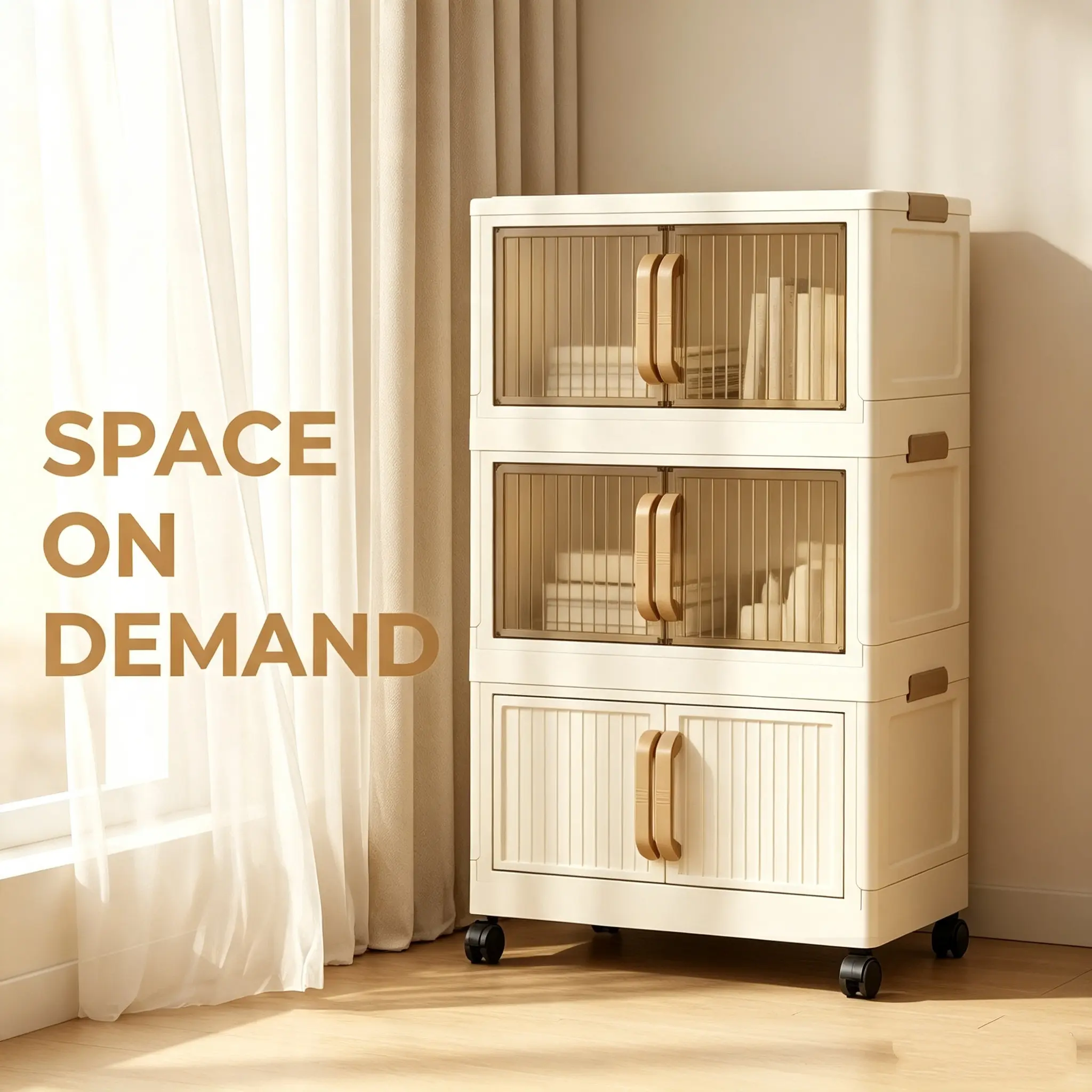 Foldable Plastic Storage Cabinet with Wheels, Stackable 3/5 Tier Storage Organizer with Flip Doors, Mobile Closet Storage Bins for Clothes, Bedding, Bedroom Wardrobe