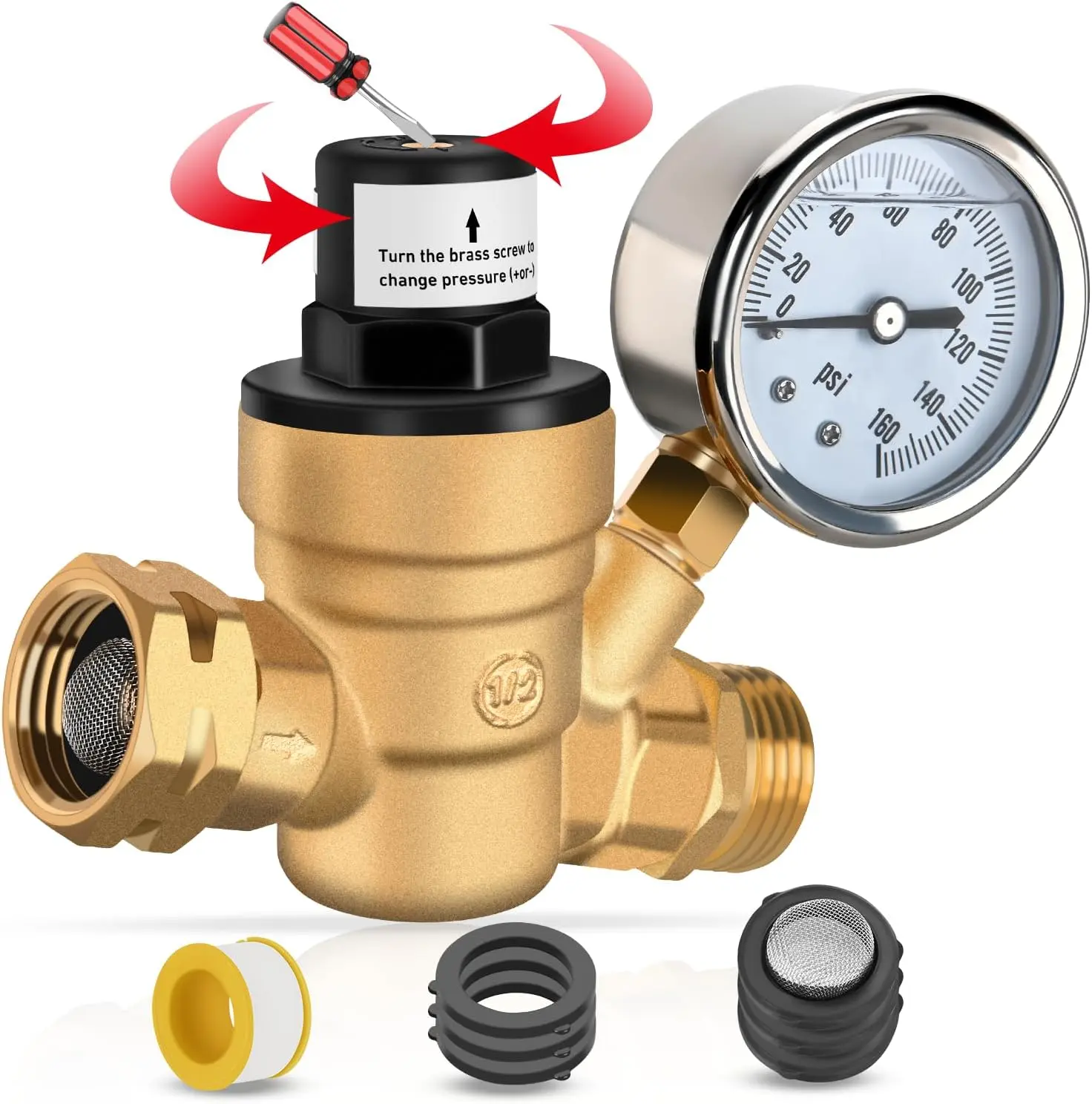 Portable Adjustable Lead-Free Brass RV Water Pressure Regulator (0-160 psi Max) - Oil-Filled Gauge, Plumbing Fitting, Inlet, Hardware Tool, Hose, Pressure Setting, Trailer Use, Seal Tape, Filter Stops Clogs, Screwdriver for RV Campers, Instrument