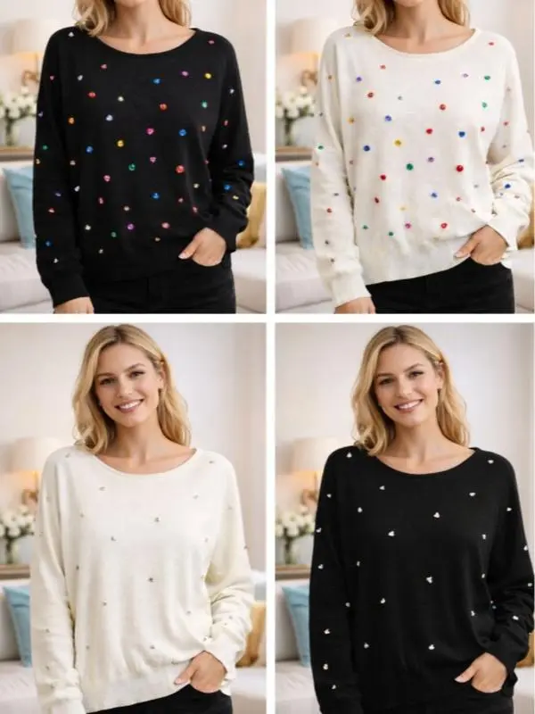 Rhinestone Dot Crewneck - Sparkling Rhinestone Dots Classic Fit Versatile for Multiple Occasions Women's Fashion
