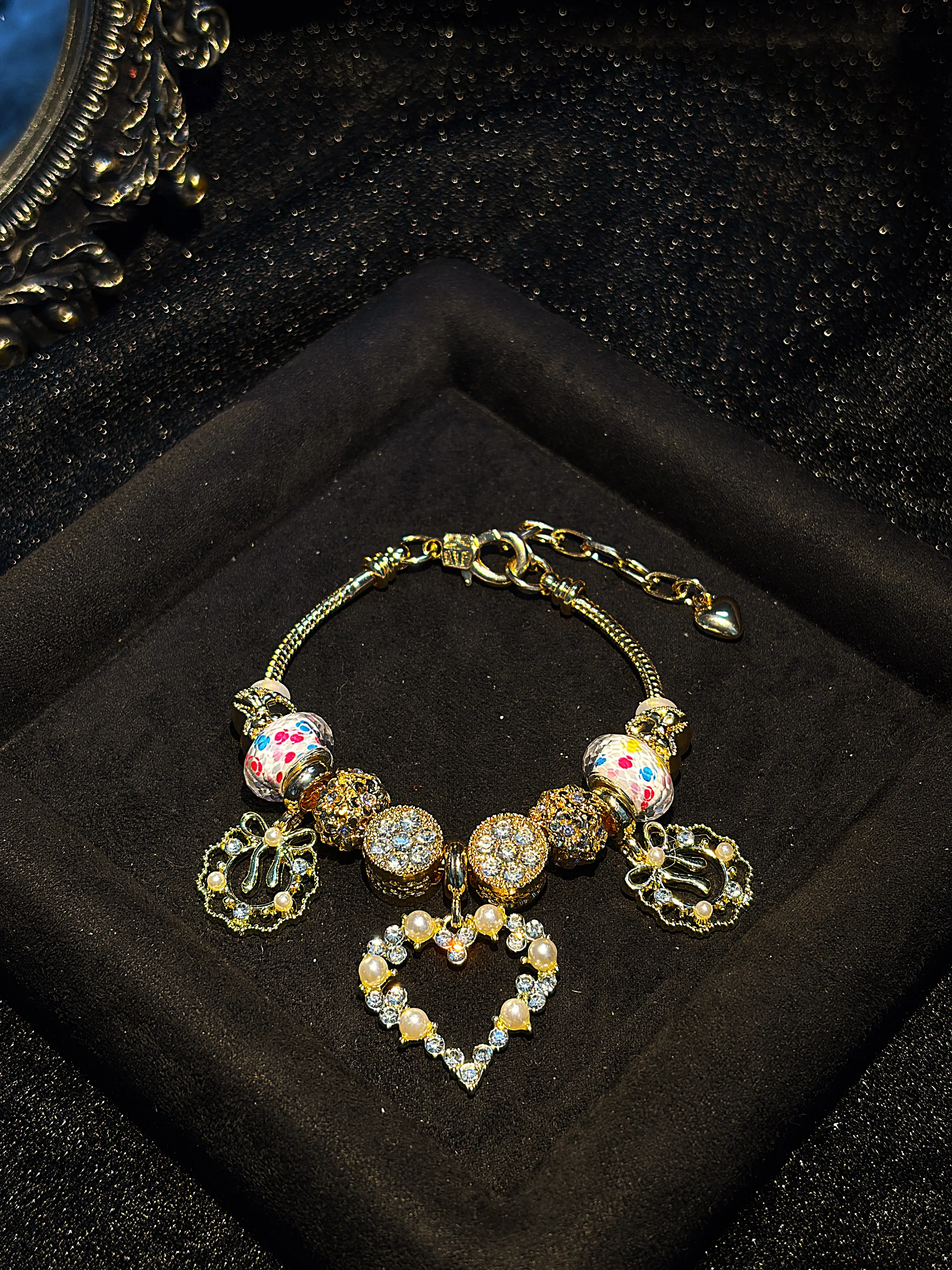 Women’s Elegant Heart Pearl Charm Beaded Bracelet, Bow Rhinestone Pendant Snake Chain Bracelet, Vintage Sparkly Fashion Jewelry Gift for Teen Girls