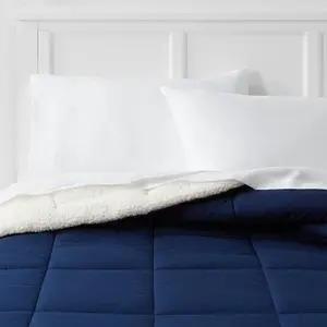 Full/Queen Faux Shearling Washed Microfiber Reversible Comforter Navy - Room Essentials