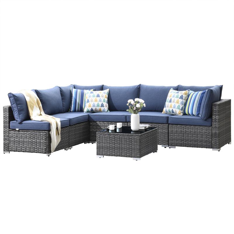 【3 Packages Shipping】Ovios Outdoor 7 Piece Coversation Set with Coffee Table,Sectional Patio Furniture Set with All-Weather Wicker Sofa,Modern Outside Couch for Balcony Backyard Pool