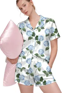 Women’s Hydrangea Bloom Blue Hydrangea Watercolor Flower Short Sleeve Satin Pajama Set, Long Sleeve Satin Pajama Set