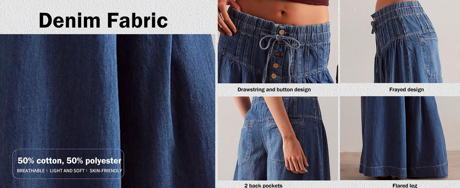 CHARTOU Women's Baggy Wide Leg Denim Pants Drawstring Midi Waist Flare Jeans Ruffle Pleated Button Jeans