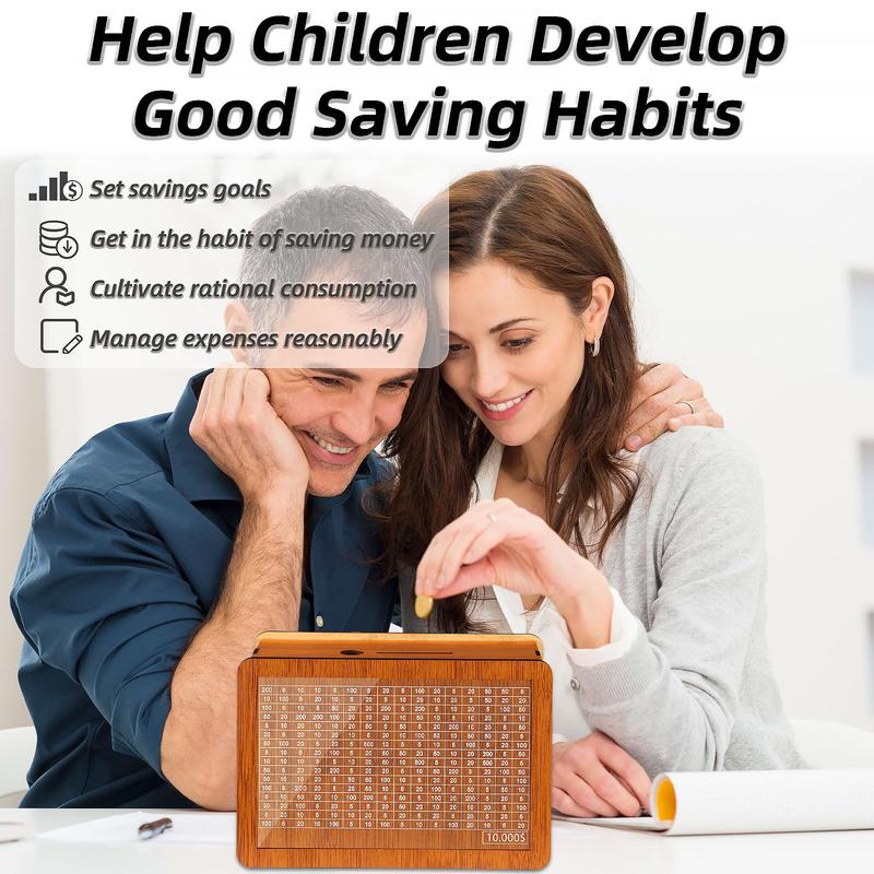 $10000 Larger Size Savings Challenge Box - Cash Vault Wooden Money Savings Box for Adults Kids - Kakeibo Money Bank - Wooden Cash Coin Piggy Bank with Counter and Dry Erase Pen - Brown