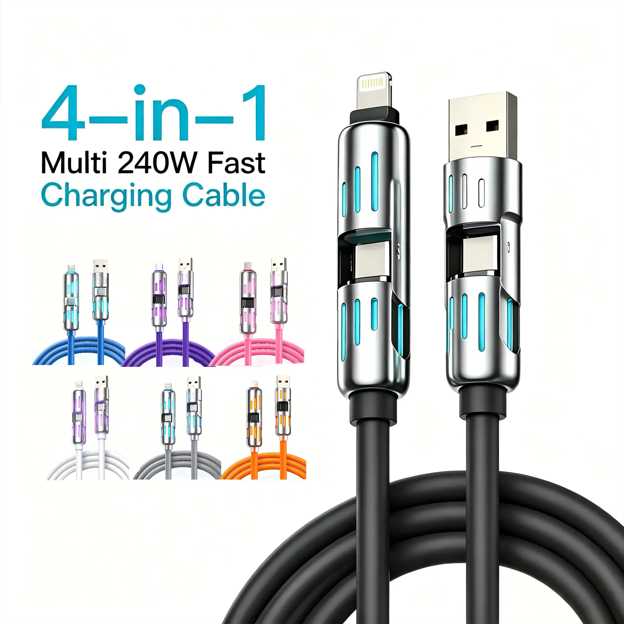 240W Fast Charger with 4-in-1 Multi-Port Silicon Sheath Cord, USB-A/USB-C/Lightning Connectors for Mobile Devices, iPhone 15-17, Samsung Galaxy
