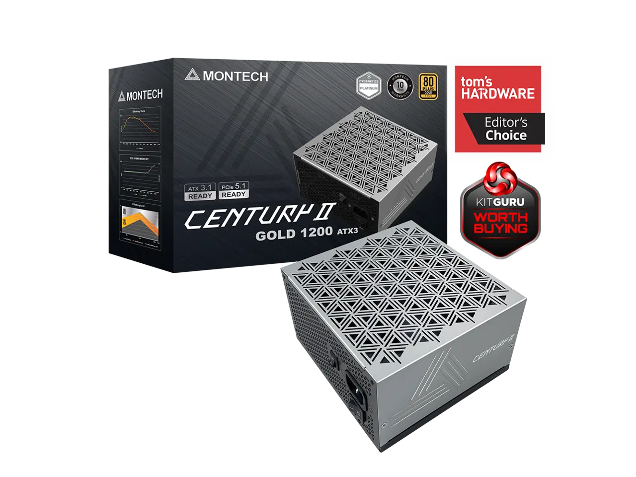 MONTECH CENTURY II - 1200W High-End ATX Gaming Power Supply - 80 Plus Gold & Cybenetics Platinum - Fully Modular -  ATX 3.1 & PCIe 5.1 Ready with 12V-2x6 Cable - 10 Years Warranty