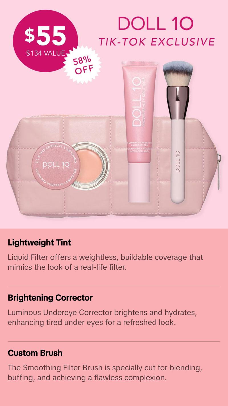 Summer Skin Bundle | Liquid Filter, Smoothing Filter Brush, Luminous Undereye Corrector, and Quilted Pink Makeup Bag