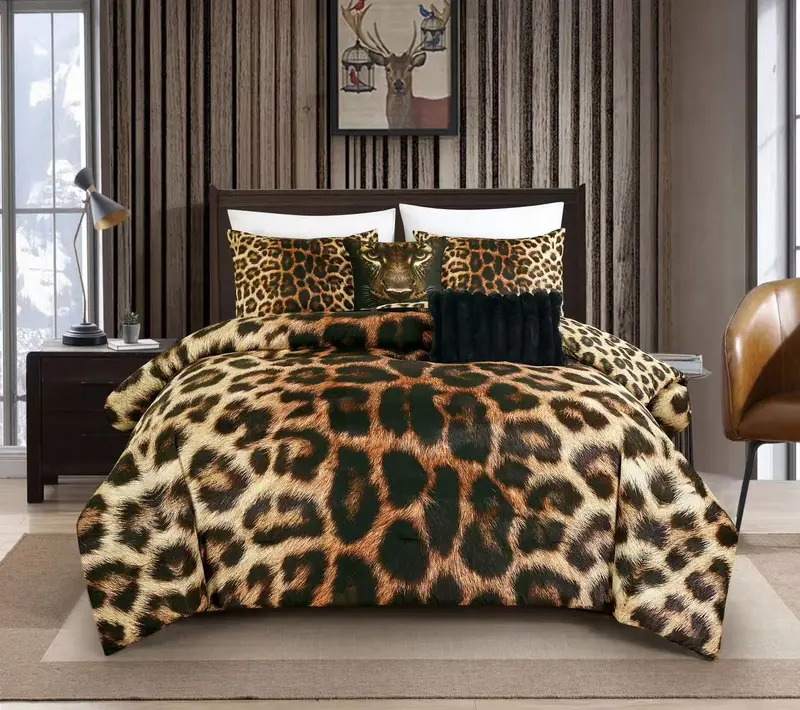 Designer 3D Leopard Bedding Set – Luxury Reversible Embroidered Comforter, 5 Pieces, King & Queen Sizes, Microfiber, Accent Pillows, Soft & Comfortable