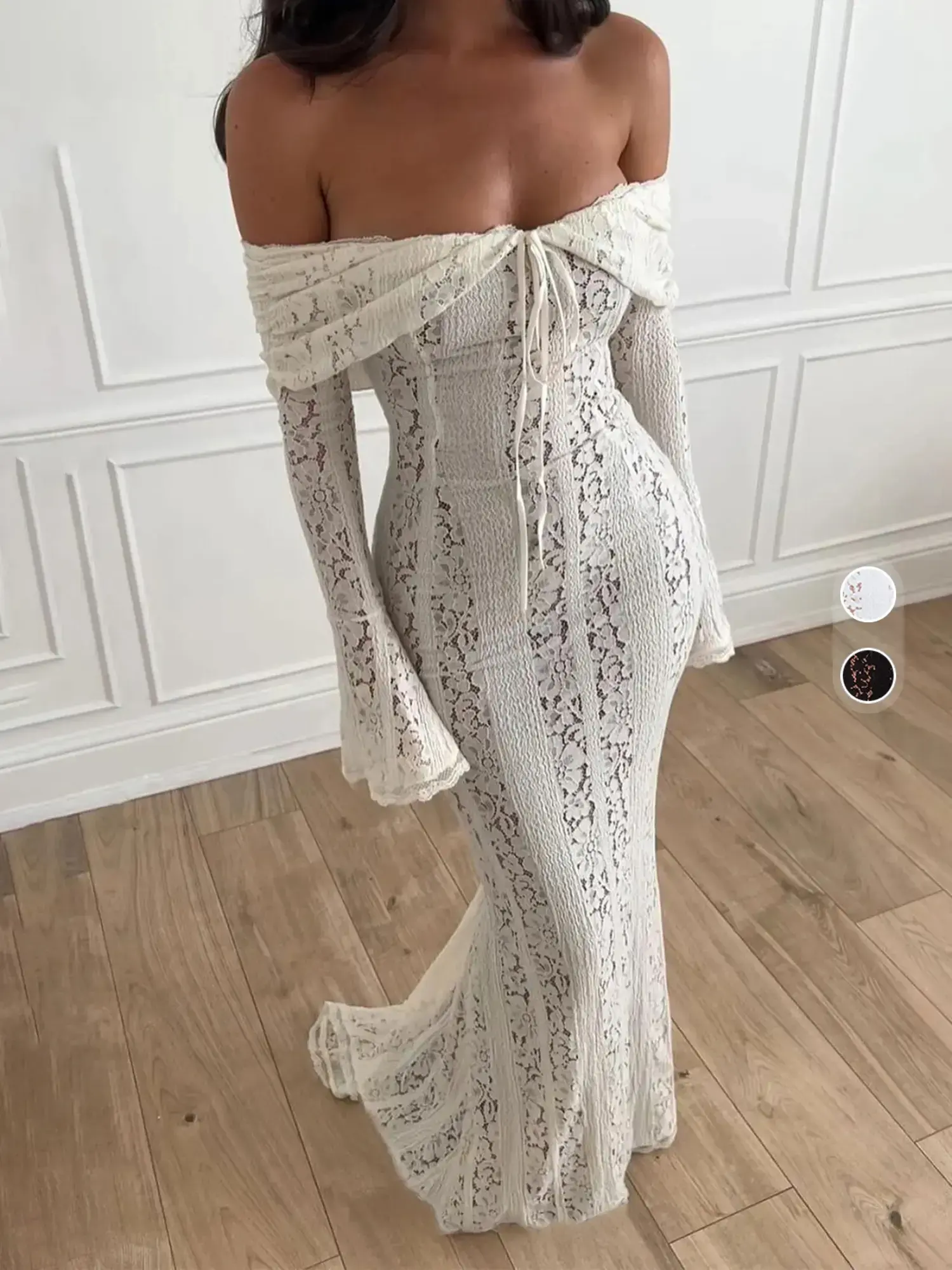 Women's Plain Contrast Lace Off Shoulder Dress, Elegant Formal Style Chic Long Sleeve Dress for Party Holiday Wedding Guest Formal Wear, Ladies Clothes for All Seasons, Fit