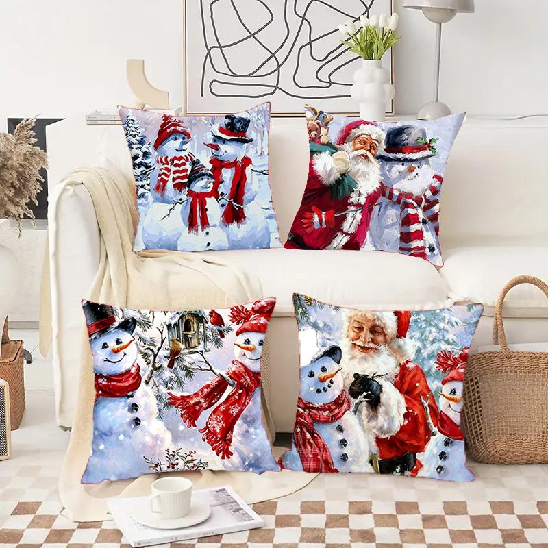 4PCS Snowman and Santa Claus Pattern Cushion Cover, Sofa Decorative Pillowcase. Home and Car Decor Pillowcase. excellent gifts for Christmas and new year，Must-buy on Black Friday