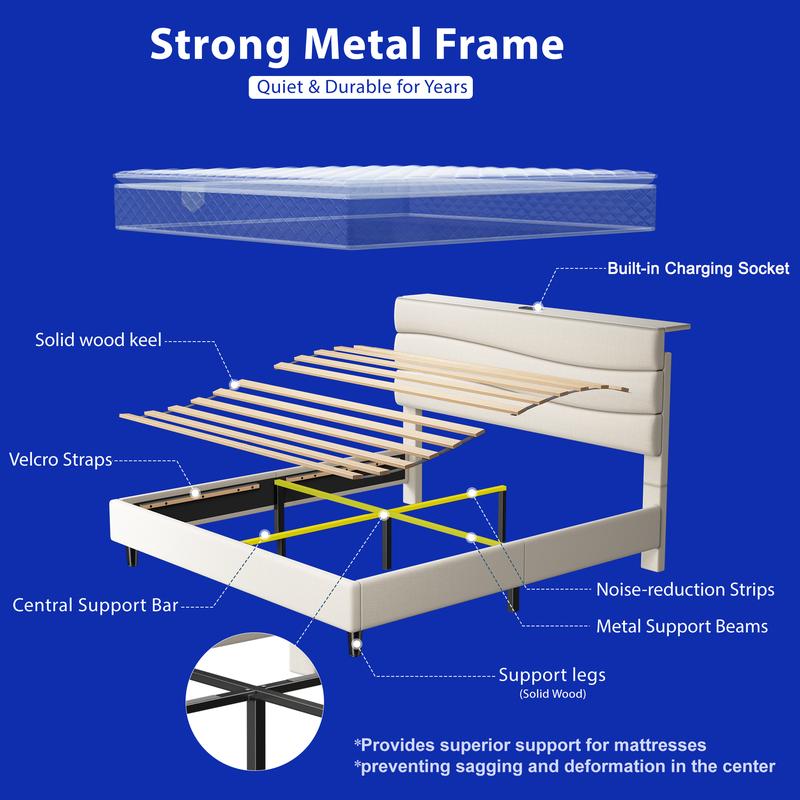 【Sturdy & Fit Snugly】Raybee Modern & Quiet Luxury Upholstered Queen Bed Frame with Adjustable Headboard【Frame ONLY,No Box Spring Needed】Center Support &Noise-Free Wooden Slats,Storage Space & Built-in Charging Station,Heavy Duty&Easy Assembly,best value