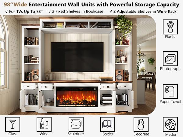 [Ships in 3 Boxes] [Spring Sale] AMERLIFE 98in Farmhouse Wall Unit TV Stand with 36" Fireplace, Bookshelves, Wine Cabinet, Fits 78" TVs, Entertainment Center with Power Outlets & Drawers, Media Console, Living Room/Best Gift Ideas/Christmas Gifts