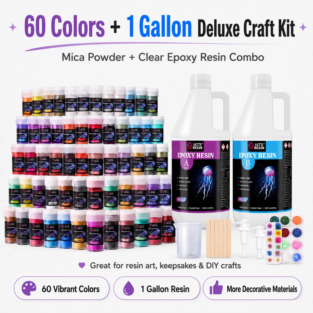 LET'S RESIN Mica Powder & Epoxy Resin Kit, 36/60 Colors Pigment Set + Crystal Clear Casting Resin for DIY Crafts, Coasters, Tumblers & Resin Art, Ultimate Resin Art Bundle