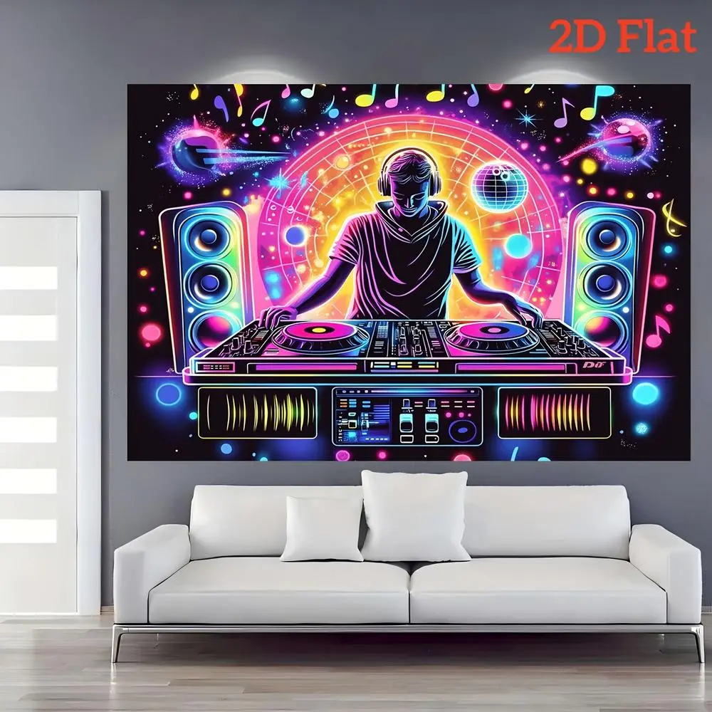 1pc 2D Flat Vibrant DJ Art Banner - Glow in the Dark Neon Polyester Party Decoration, Durable, No Power Needed, White Wall Ornament for Birthdays, Events