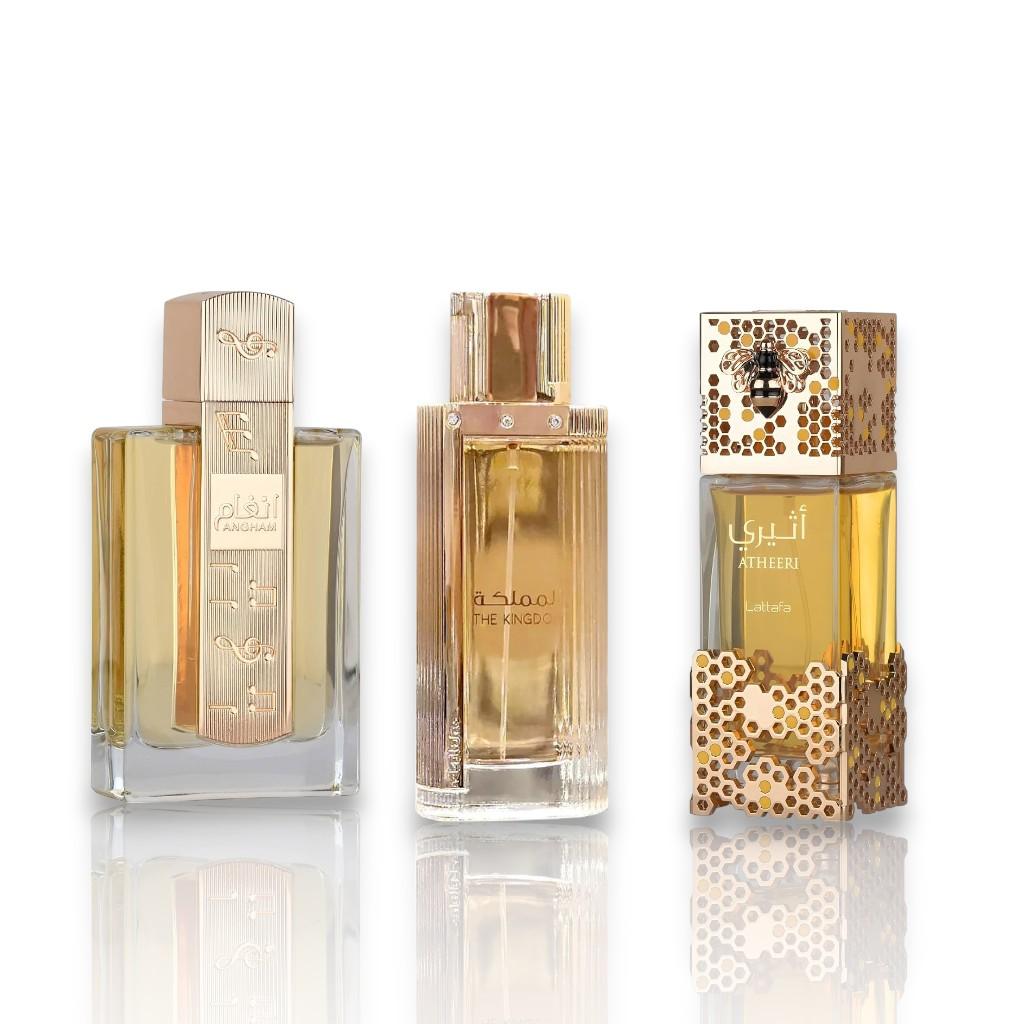 Tina's Golden Trio Bundle | Lattafa Perfumes | Angham + Atheeri + Kingdom for Women | Eau De Parfum | 100 ML - 3.4 oz | Sweet - Fruity & Vanilla Notes